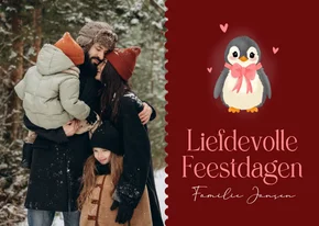 Lieve kerstkaart met foto rood met pinguïn en strikje