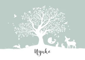 Liggend geboortekaartje met boom en dieren