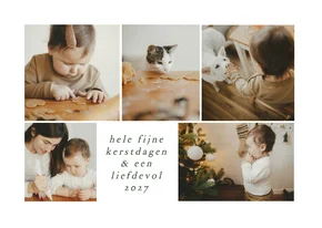 Liggende kerstkaart fotocollage vijf foto's minimalistisch
