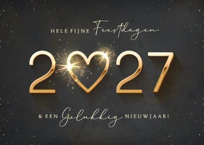 Luxe kerstkaart met gouden jaartal en een sprankelend hart