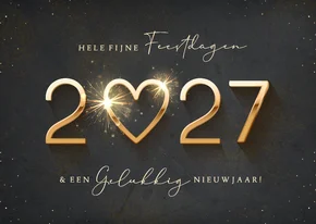 Luxe kerstkaart met gouden jaartal en een sprankelend hart