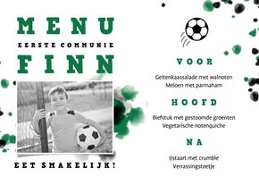 Menukaart communie voetbal met foto en spetters