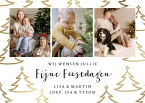 Minimalistische kerstkaart fotocollage kerstbomen goudlook