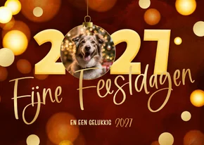 Modern rood kerstkaartje 2027 kerstbal goud met foto