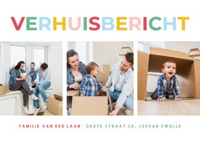 Moderne fotocollage verhuiskaarten met regenboog tekst