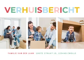 Moderne fotocollage verhuiskaarten met regenboog tekst