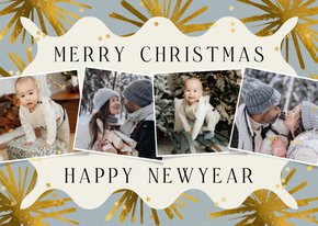 Moderne kerstkaart fotocollage vuurwerk sterren goud