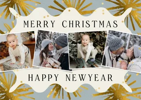 Moderne kerstkaart fotocollage vuurwerk sterren goud