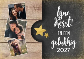 Moderne kerstkaart met hout, krijtbord, foto's en typografie
