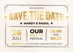  Moderne save the date kaart ticket vintage stijl met goud