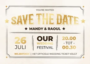 Moderne save the date kaart ticket vintage stijl met goud