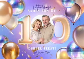 Moderne uitnodiging dubbel feest samen 100 ballonnen disco