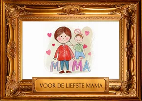 Moederdag kaart - kindertekening in gouden barok lijst