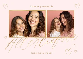 Moederdagkaart 2 foto's goud met inkt hartjes