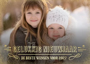 Nieuwjaar fotokaart met 1 grote foto en gouden glitter kader