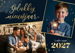 Nieuwjaarskaart 2027 foto's waterverf goud persoonlijk