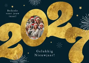 Nieuwjaarskaart 2027 goud modern zakelijk vuurwerk sterren