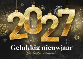 Nieuwjaarskaart 2027 kerstballen vuurwerk goud sprankelend