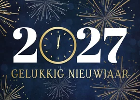 Nieuwjaarskaart 2027 met klok op 12 uur en vuurwerk