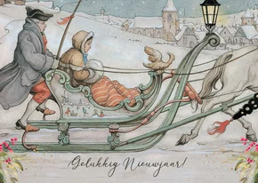 Nieuwjaarskaart arreslee Anton Pieck illustratie