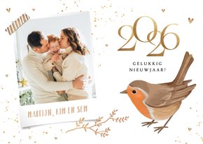 Nieuwjaarskaart foto roodborstje goud 2026