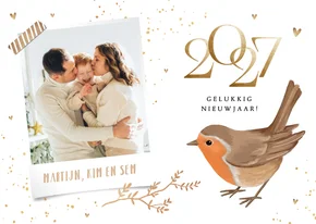 Nieuwjaarskaart foto roodborstje goud 2027