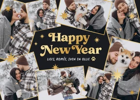 Nieuwjaarskaart fotocollage fijne feestdagen gouden sterren 