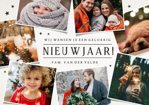 Nieuwjaarskaart fotocollage met 7 eigen foto's en sterren