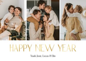 Nieuwjaarskaart fotocollage met goud happy new year