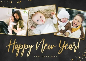 Nieuwjaarskaart fotocollage zwart met goud en 3 foto's