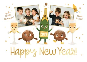 Nieuwjaarskaart grappig illustratie foto oliebol champagne