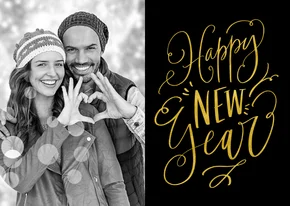 Nieuwjaarskaart handlettering Happy New Year zwart met goud 