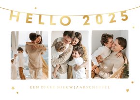 Nieuwjaarskaart Hello 2025 fotocollage gouden sterren