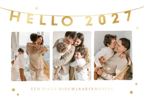 Nieuwjaarskaart Hello 2027 fotocollage gouden sterren