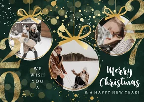 Nieuwjaarskaart jaartal goud fotokaart kerstballen sterren