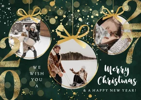 Nieuwjaarskaart jaartal goud fotokaart kerstballen sterren