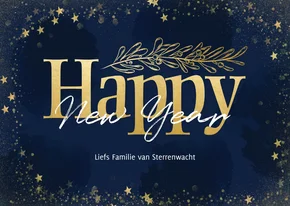 Nieuwjaarskaart liggend gouden sterren - Happy New Year