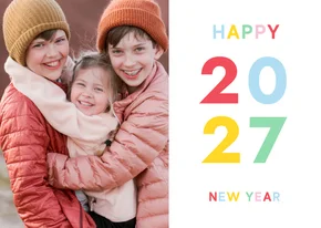 Nieuwjaarskaart met 2027 in vrolijke kleuren en eigen foto