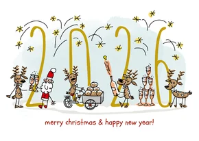 Nieuwjaarskaart met herten kerstman champagne en vuurwerk