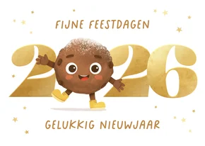 Nieuwjaarskaart oliebol 2027 goud sterren grappig