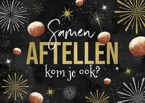 Nieuwjaarskaart uitnodiging oudejaarsavond vuurwerk oliebol