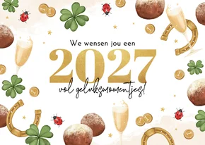 Nieuwjaarskaart vol gelukssymbolen vrolijk illustraties