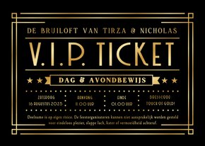 Originele VIP-ticket uitnodiging bruiloft met zwart en goud