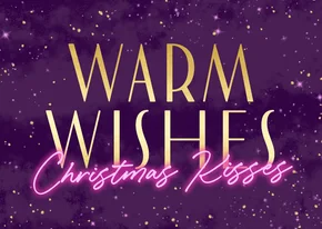 Paarse kerstkaart met sterren gouden tekst en roze neon