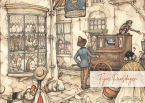 Paaskaart met nostalgisch straatbeeld en paaseieren