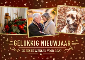 Rode fotokaart nieuwjaar met 3 foto's en goudlook sterretjes