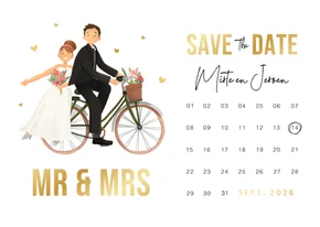 Save the date cartoon bruidspaar fiets kalender mr mrs