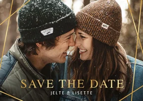 Save the Date kaart met eigen foto en gouden schuine lijnen