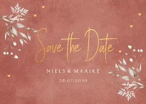 Save the Date kaart terracotta floral hartjes