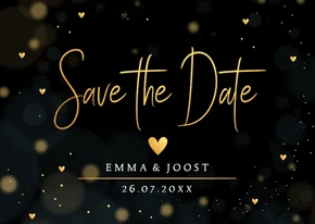 Save the Date kaart zwart goudlook hartjes